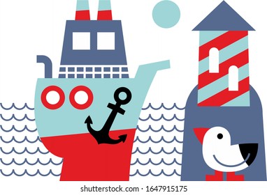  Ilustración vectorial. Barco y faro en la isla