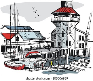 Vector illustration of boat marina with buildings and pedestrians.