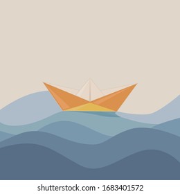  Ilustración vectorial. Un bote sobre las olas en el océano.