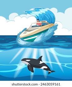 Vector illustration of a boat and orca at sea