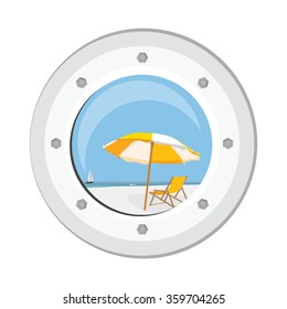 Vector illustration boat round porthole seascape isolated on white. Metal ship porthole with rivets. Sea, sand, beach umbrella, beach chair and sail boat view from porthole