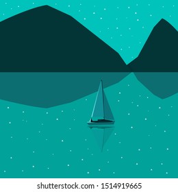 Vector illustration boat sailing in blue sea on mountins background. top aerieal view
