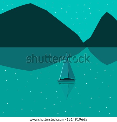 Vector illustration boat sailing in blue sea on mountins background. top aerieal view
