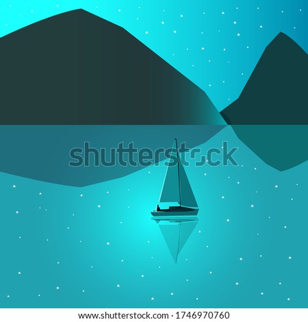 Vector illustration boat sailing in blue sea on mountins background. top aerieal view