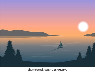 vector illustration of boat sailing in the lake, pine trees and sunset
