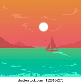 vector illustration of boat sailing in sunset ocean