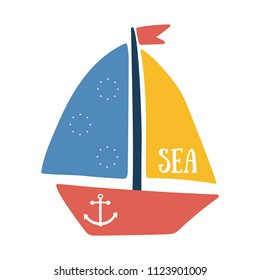 Vector illustration of boat with sea text and anchor. Color sailboat isolated on white background. Yacht sailboat or sailing ship, marine cruise travel vector icon. Summer vacation and sea travel logo