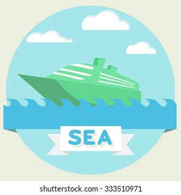 Vector illustration of boat at sea waves, sky, cloud
