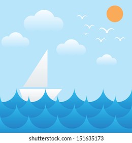 vector illustration of boat at sea waves,sun,sky and cloud