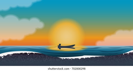Vector illustration of a boat and seascape  sunset. Nature landscape background.