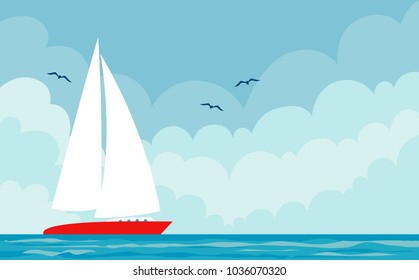 Vector illustration of a boat and summer marine landscape.