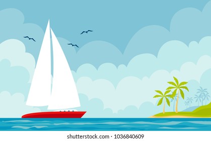 Vector illustration of a boat and summer marine landscape with an island.