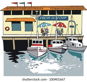 Vector illustration of boats anchored by seafood restaurant