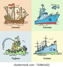 Vector illustration of boats. Coloring book with ships. Carrack, tugboat, cruiser and corvette.