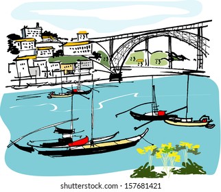 Vector illustration of boats on river and bridge, Oporto, Portugal. 