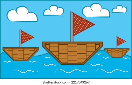 vector illustration, of boats on sea with sky and clouds
