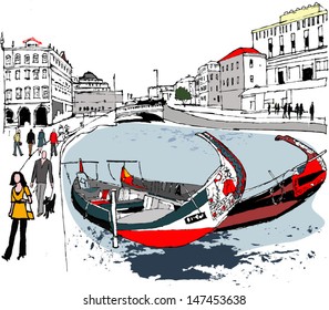 Vector illustration of boats and people  on canal, Aveiro, Portugal. 