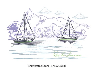 Vector illustration of boats with Rio de Janeiro landscape in the background. Drawing in stripped lines.