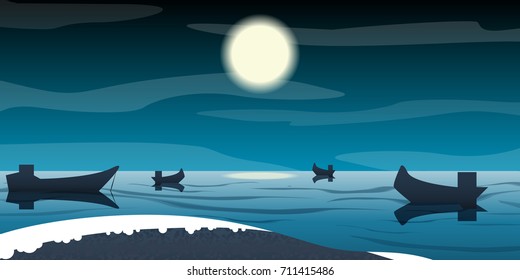 Vector illustration of boats and seascape with moon and night sky. Nature landscape background.