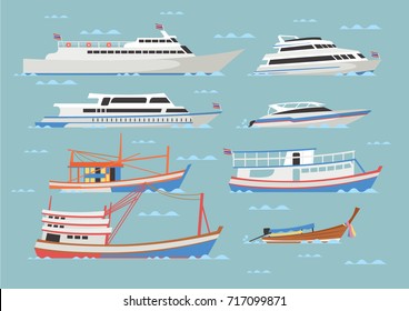 Vector Illustration Of Boats And Ships In Flat Modern Style With Sea Background : Tourist Ship, Speedboat And Thai Traditional Fishing Boat.