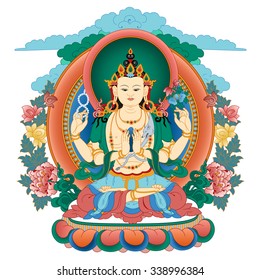 Vector illustration with Bodhisattva Avalokiteshvara.  Bodhisattva who embodies the compassion of all Buddhas. A symbol of the Tibetan Buddhism. Buddha. Color design.