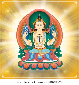 Vector illustration with Bodhisattva Avalokiteshvara, who embodies the compassion of all Buddhas. Buddha. Avalokite?vara is one of the more widely revered bodhisattvas in Mahayana Buddhism. Tibet.