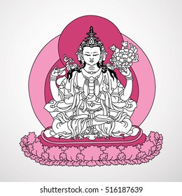  Vector illustration with Bodhisattva Avalokiteshvara. Bodhisattva who embodies the compassion of all Buddhas. Buddha. Sign for tattoo, textile print, mascots and amulets. Indian, Hindu motifs.
