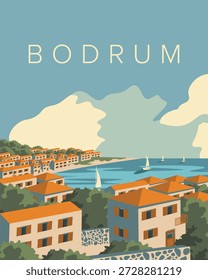 Ilustración vectorial. Bodrum, Türkiye. Cartel de viaje, portada, postal. Estilo retro.