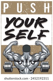 Vector Illustration of Body Builder and Barbell with Vintage Illustration Available for Poster