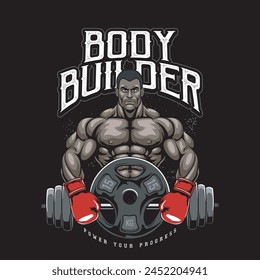Ilustración vectorial de Body Builder con Guantes de Boxeo, Placas de Peso y Barbell con Ilustración de Antiguas Disponible para el Diseño de Camisetas