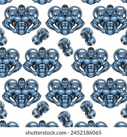 Vector Illustration of Body Builder, Weight Plates and Dumbbells with Vintage Illustration Available for Pattern
