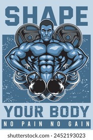 Vector Illustration of Body Builder, Weight Plates, Kettlebells and Dumbbells with Vintage Illustration Available for Poster