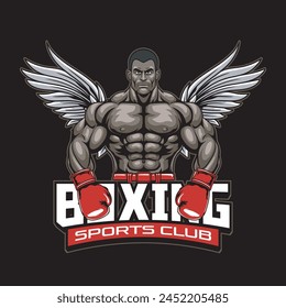 Vector Illustration of Body Builder with Wings Wearing Boxing Gloves with Vintage Illustration Available for Tshirt Design