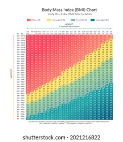 Vector illustration with body Mass Index (BMI) Chart. Body Mass Index (BMI) Table for adults with formula in inches, centimetres, kgs, lbs