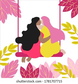 vector illustration of body positive. In the picture, two girls are hugging and happy, love their body. Around them plants