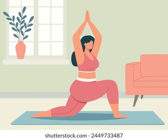 Vector illustration of a body positive woman doing yoga at home. Flat style exercising concept