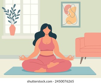 Vector illustration of a body positive woman doing yoga at home. Flat style exercising concept	