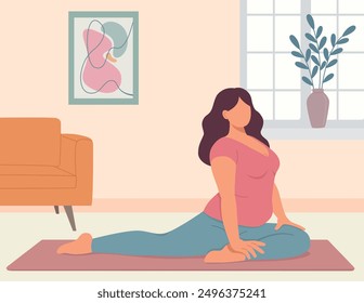 Vector illustration of a body positive woman doing yoga at home. Flat style exercising concept	