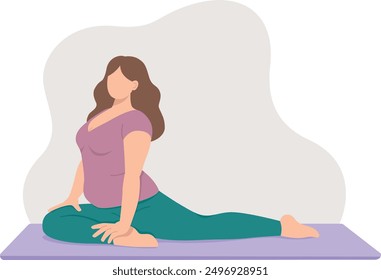 Vector illustration of a body positive woman doing yoga. Flat style concept of physical practice