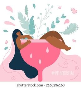 Vector illustration with body positive young women in Menstrual CUP and leaves, plants, drop, feather. The menstrual period, PMS and blood is NORMAL.