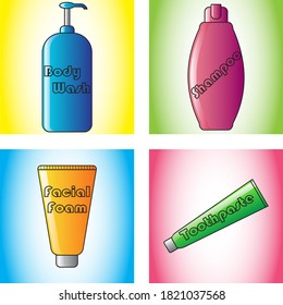 Vector illustration of body wash, shampoo, facial foam, and toothpaste