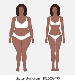 Vector illustration body weight loss in African American woman from obesity to normal. Front view. For advertising of cosmetic plastic procedures, stomach shunting, diet; medical publications. EPS 8