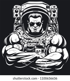 Vector illustration, a bodybuilder in an astronaut suit, shows a large bicex, wearing sunglasses.
