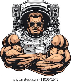 Vector illustration, a bodybuilder in an astronaut suit, shows a large bicex, wearing sunglasses, smokes a cigar.
