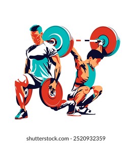 ilustração vetorial de um atleta fisiculturista fazendo exercícios de levantamento de peso, barbell. Design isolado estilo desportivo fundo. projeto de conceito de treino para aumentar a massa muscular