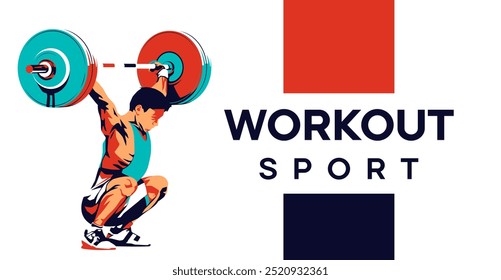 ilustração vetorial de um atleta fisiculturista fazendo exercícios de levantamento de peso, barbell. Design isolado estilo desportivo fundo. projeto de conceito de treino para aumentar a massa muscular