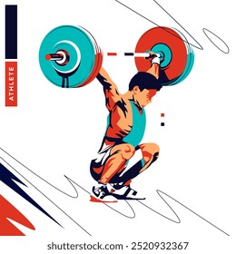 ilustração vetorial de um atleta fisiculturista fazendo exercícios de levantamento de peso, barbell. Design isolado estilo desportivo fundo. projeto de conceito de treino para aumentar a massa muscular