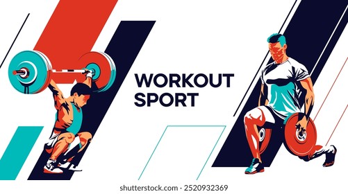 ilustração vetorial de um atleta fisiculturista fazendo exercícios de levantamento de peso, barbell. Design isolado estilo desportivo fundo. projeto de conceito de treino para aumentar a massa muscular