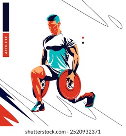 ilustração vetorial de um atleta fisiculturista fazendo exercícios de levantamento de peso, barbell. Design isolado estilo desportivo fundo. projeto de conceito de treino para aumentar a massa muscular