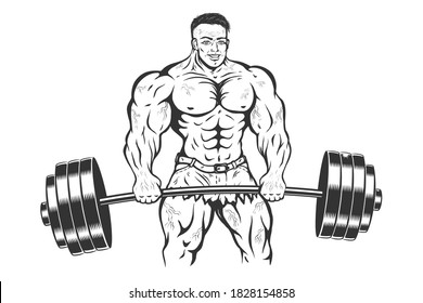 Vector illustration of a bodybuilder with barbell. Vintage cartoon of a bodybuilder or powerlifter. Strong man.